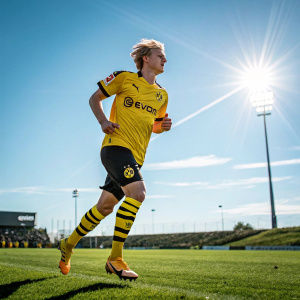 Julian Brandt, in Borussia Dortmund jersey, running on a field. Bright sunlight and blue sky backdrop.