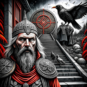 viking and raven in walhalla stairs runen symbols pattern - perfect realistic art, high-definition, high-definition grey and black, white background 