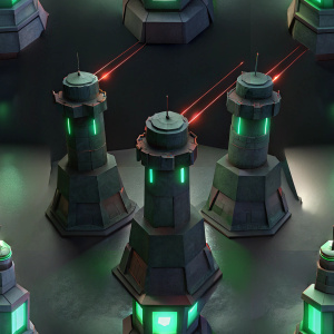 3 hanoi defense towers, colorful, laser turrets, isometric, black background