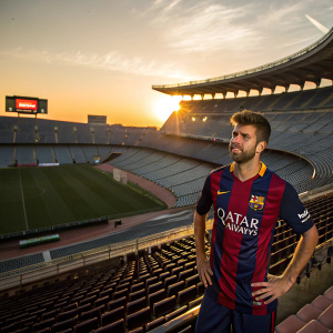 Gerard Piqué, wearing a Barcelona FC jersey with Qatar Airways logo. Poses in an empty stadium at sunset.
