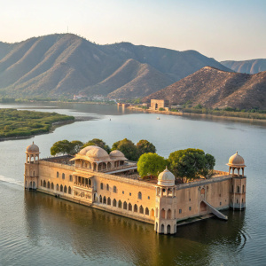 Aerial view of Jal Mahal, a stunning water palace in Jaipur, Rajasthan, India. The palace is intricately designed with domes and surrounded by serene waters. Majestic mountains backdrop.