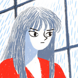 Digital portrait of a young woman, Ran Mouri, from *Naruto*. Intense gaze, sketch-style, black and white tones. Long, dark hair framing her face.