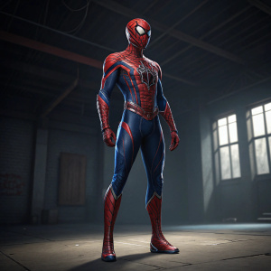 Miles Morales wearing a vibrant, sleek red and blue suit with intricate web-patterns. Standing alone in an empty room, superhero pose.