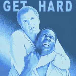 Promotional poster for 'Get Hard'. Will Ferrell, Caucasian male, wearing casual shirt, is playfully choked by Kevin Hart, African American male. Both have intense expressions. Dark, gritty background.