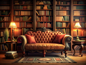 Book on Bookshelfs, with a Vintage Style Sitting Sofa in the Right Corner, and a Reading Table with Books and Feather Quill Open in front of the Sofa