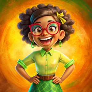 Frankie Foster, With skirt brown - Shirt yellow and glasses Green and happy face