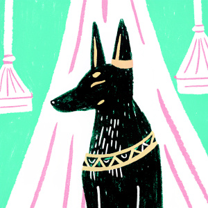 Digital artwork featuring Anubis, the jackal-headed Egyptian god. The dark, sleek statue is detailed with gleaming gold ornaments and markings. Anubis stands in a serene pose against a pitch-black background, the gold accents providing stark contrast.
