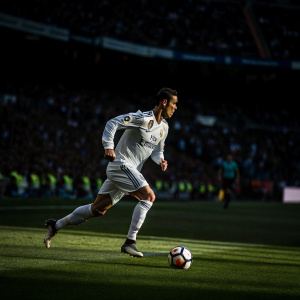 Cristiano Ronaldo sprinting down the pitch at Santiago Bernabéu Stadium. Wearing his iconic white Real Madrid jersey. Soccer ball at his feet. Evening light casting dramatic shadows. Crowd blurred in background.
