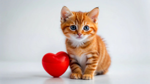 Small red striped kitten with red heart. Love pets, adoption, donation, Valentines Day card