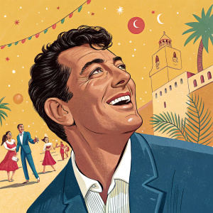 Illustration of Dean Martin in a joyful mood, reminiscent of vintage album art. Warm, Mediterranean setting with vibrant colors and animated figures. Dean Martin's face takes center stage in this lively depiction, evoking the spirit of classic illustrations.