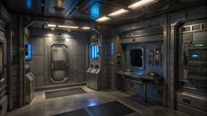 A basement room in the back of a laboratory in sci-fi style. A room within a room. On the wall in the center there is an armored door with blue lighting in the sci-fi style