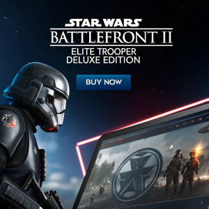 Star Wars Battlefront II Elite Trooper Deluxe Edition featured on the PlayStation Store homepage. Digital storefront, Buy Now button, list of inclusions. Dark theme with Star Wars aesthetics.