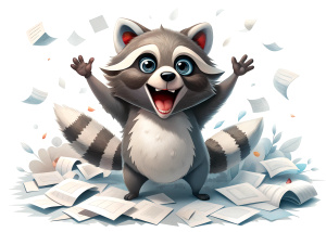 In this image, you can see a joyful raccoon sitting in a pile of scattered papers. He looks happy and open-mouthed, expressing joy or delight. The raccoon is holding business papers in his hand, perhaps looking at them or holding them out to the camera. This scene gives the impression that the raccoon is engaged in something fun or interesting, perhaps having fun looking at or playing with the papers.