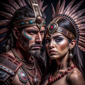 Aztec warrior with nose piercing holding an aztec princess