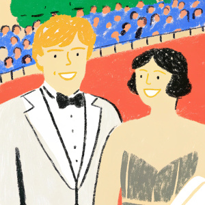 Robert Redford and Sibylle Szaggars, smiling at Cannes Film Festival. Vibrant crowd in the background