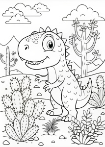 Coloring page, shy cartoon T-rex hiding behind a bush in a desert landscape, white background, black line art