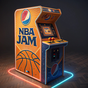 Vintage NBA Jam arcade cabinet. Neon orange and blue colors. Retro basketball court design. Classic game logo