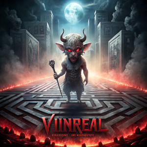 Horror poster for a movie called Vnreal of a Silhouette of a sad "baby minotaur" bull head with gortesque features and a Greek bloody axe in his hand, crying, Prisoner in the labyrinth of Crete. With a Labyrinth texture and some Mist in the air. Dark, loneliness, depressed, Grotesque and sadness vibe. Labyrinth texture 