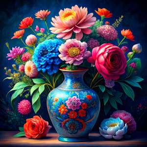 a blue Chineese traditional motiffs decorated Vase on a white wall, THERE ARE IN THE VASE : watercolor tomato red Peonies,burgundy PEONIES , ruspberry Bougainvillea, dandelion ,geranium,LIME Narcissus, ruby crocus,navy blue daffodil ,orange roses ,amaranth Damarion s, red tulips ,deep carrot freesia ,sienna orange lavender Common Crape Myrtle ,Watsonia ,tritoma.carmine Chandramallika, burgundy PEA, burgundy ,SISYMBRIUM,YELLOW CHAMOMILE,KNAPWEED,candy floss pink wax flower , teracotta bluebell fl