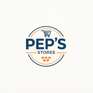 Pep's Stores logo, minimalist design. Blue and orange colors. Clean and modern. Brand name prominently displayed.