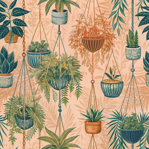 Pattern Seamless Retro Hanging Plants Silhouette 