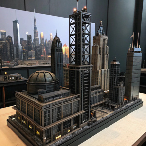A detailed architectural model of a high-tech cityscape from the film Darkman. Futuristic design elements and intricate metal frameworks are highlighted.