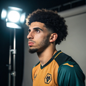 Rayan Ait-Nouri, professional footballer, intense gaze. Wearing team jersey. Training session. Studio lighting.