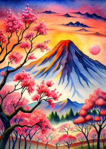 
high quality, In the serene style of Japanese sumi-e, a portrayal of the first red sunrise gracing the silhouette of Mount Fuji, harmonized with the gentle allure of plum blossoms, The scene unfolds with a tranquil ambiance, where the soft hues of dawn blend seamlessly with the delicate beauty of the landscape, The majestic silhouette of Mount Fuji takes center stage, its symmetrical form rising against the canvas, by yukisakura, high quality,

