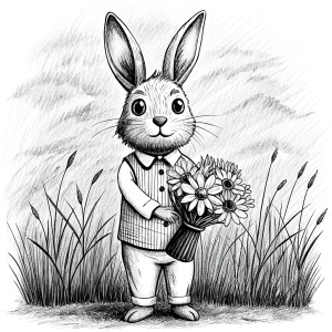 clean vector illustration for kids coloring, funny Easter bunny with a big bouquet in a rural field with tall grass and flowers, one closed lines,  professionally detailed, black and white, white background