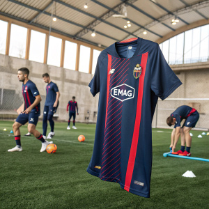 New FC Steaua Bucharest kit revealed. Dark blue jersey with red accents and 'EMAG' sponsor logo. Athletes training on synthetic turf.