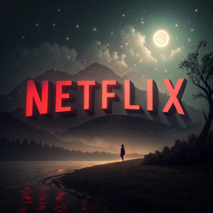 Netflix logo in sleek, modern design. Dark gradient background with soft glow effects. Bright red letters stand out prominently.