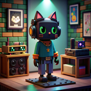 a pixel art black cat, with headphones in a studio room