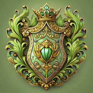 a green and gold shield on a black background, fantasy shield, shield design, shield emblem, ornate art, heraldry, gold and green, coat of arms, big crown adorned with emerald, elegant and ornate, baroque element, glossy intricate design, baroque object, baroque detailed, royal relief, in a baroque style, family crest, green and gold, made in zbrush