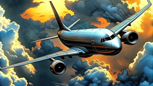 boeing, modern passenger plane flying in the clouds, top view, illustration, modern aircraft, high detail,