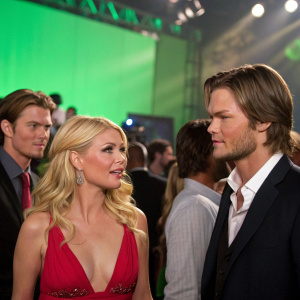 Elisha Cuthbert, Chad Michael Murray, Paris Hilton, Jared Padalecki at a Hollywood party. The scene is vibrant and lively with people moving around. Green screen background