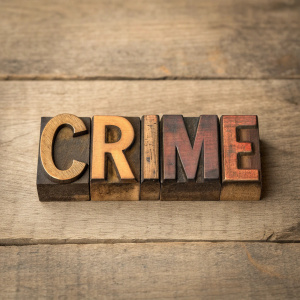 Vintage wood letters spelling 'CRIME'. Each letter individually crafted from weathered, dark brown wood. The texture shows natural grain and color variations. Letters arranged horizontally with slight spacing.