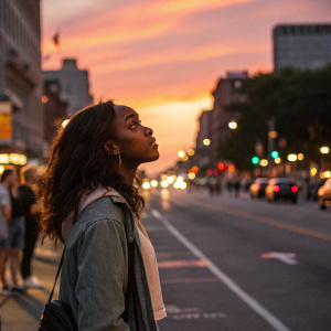 Aja Naomi King, dark brown wavy hair, in casual outfit, standing alone in bustling city street at sunset