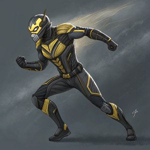 Digital illustration of Yellowjacket, Marvel Comics villain, mid-action pose. Futuristic black and yellow high-tech suit. Dark grey background.