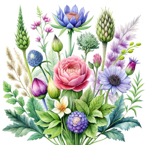 watercolor image , artichokes  ,pink centaurea ,nigella ,mentha ,, hydrangea , wild lupine ,compass plant ,dogwoodevening primrose ,nodding onion , cosmos,scilla,hosta ,achillea,carly dock ,bee balm , physalis , watercolor,  background