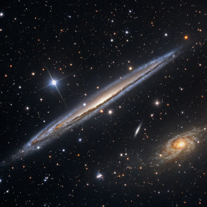 A detailed photo of NGC4565, the Needle Galaxy, viewed from Earth. Dark space background, surrounded by distant stars and constellations.