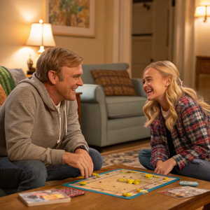 Ricky Schroder and Alyvia Alyn Lind at the cozy living room. Family game night, playing board games with big smiles