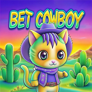 side-view, profile, Adorable cat, Cowboy outfit, shocked, Kawaii, chibi, /text "Bet Cowboy" logo background, /text shadow, field, cactus, background