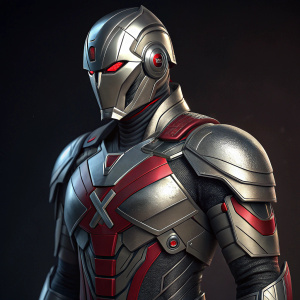 Close-up illustration of a sleek, metallic superhero suit. The ensemble, inspired by X-Men, features prominent silver armor with bold red detailing on the chest. The dark background emphasizes the intricate textures and design elements.