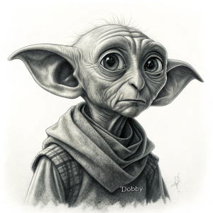 Close-up sketch of Dobby, the house-elf, from Harry Potter series. Black and white drawing, artist's signature at bottom. Plain white background.