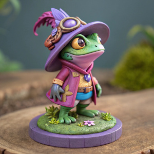 Neeko, the whimsical amphibian from the mystical realm of Runeterra, showcased in a detailed figurine. Bright hues of purple, pink, and green accentuate his magical essence. The figurine rests on a base with an earthy, natural green tone.