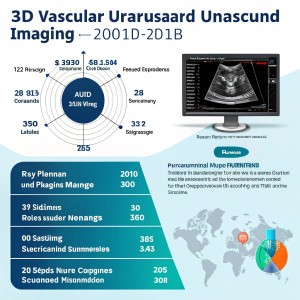 Infographic displaying the 3D Vascular Ultrasound Imaging Market. Segments, key players, and global coverage highlighted. Features medical ultrasound image and market component details.