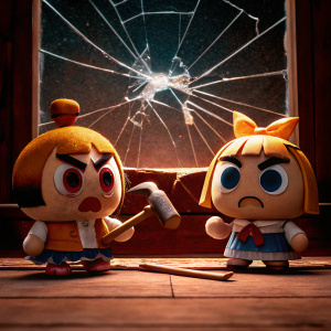Popuko and Pipimi from Pop Team Epic. Popuko wielding a hammer, Pipimi holding a baseball bat. Both characters have intense expressions. Set against a colorful, shattered glass background.
