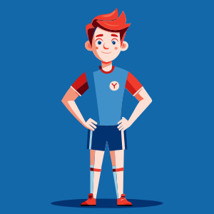 a 19 years old full body 19 years old full body soccer player standing and facing the camera wearing a solid blue t-shirt, full body, vector style, solid white background