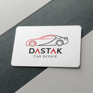 Business card for Dastak Car Repair. Sleek design with a car silhouette logo and clean layout of contact information.