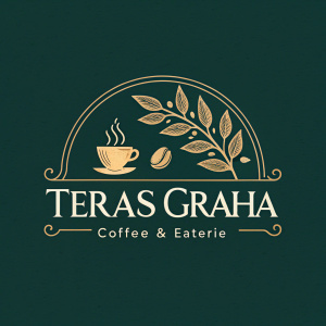 The logo for Teras Graha Coffee & Eaterie features an elegant gold and dark green color scheme, with a vintage design.